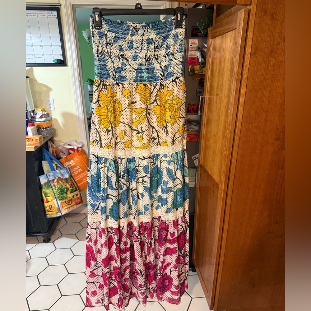 MAGAZINE Strapless Maxi Boho Dress Cotton  Stretchy Top Yellow Blue Fuchia S